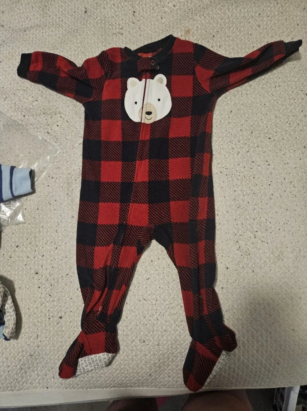 Red and Black Plaid Baby One-Piece Footed Pajamas with Bear Applique